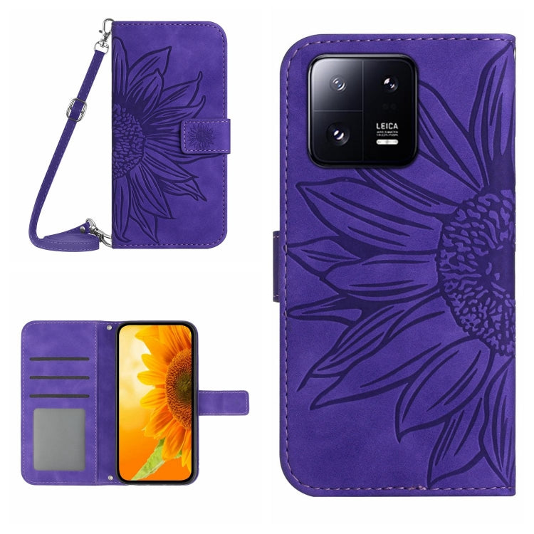 HT04 Skin Feel Sun Flower Custodia in pelle con flip in rilievo con cordino, For Xiaomi 13, For Xiaomi 13 Pro