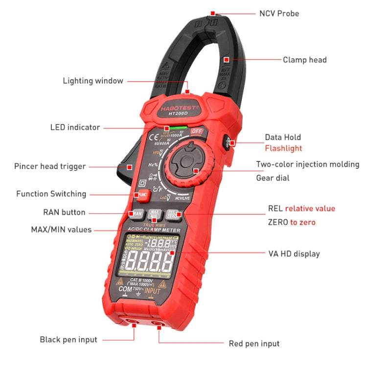 HABOTEST HT208A 1000A Anti-scald Multifunction Digital Clamp Multimeter, HT208A