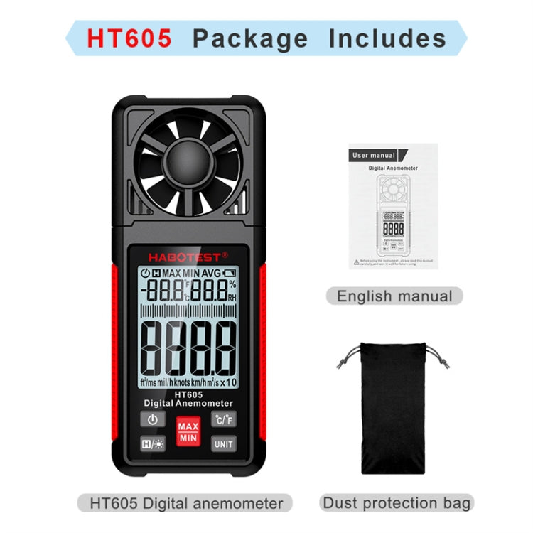 HABOTEST HT605 Tester portatile intelligente per la velocità del vento con display digitale, HT605