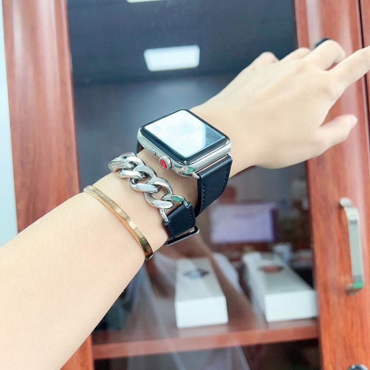 Cinturino per orologio in acciaio inossidabile con doppio anello in vera pelle, For Apple Watch Ultra 49mm / Series 8&7 45mm, For Apple Watch Series 8&7 41mm