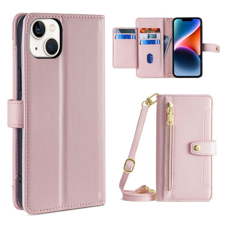 Custodia per telefono in pelle con portafoglio con cerniera a tracolla, For iPhone 14, For iPhone 14 Plus, For iPhone 14 Pro, For iPhone 14 Pro Max