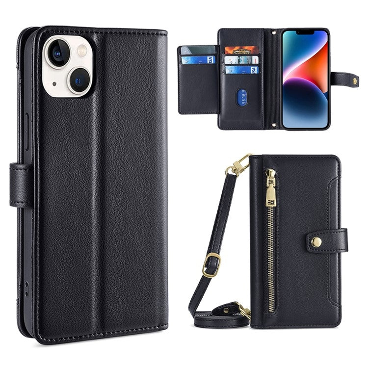 Custodia per telefono in pelle con portafoglio con cerniera a tracolla, For iPhone 14, For iPhone 14 Plus, For iPhone 14 Pro, For iPhone 14 Pro Max