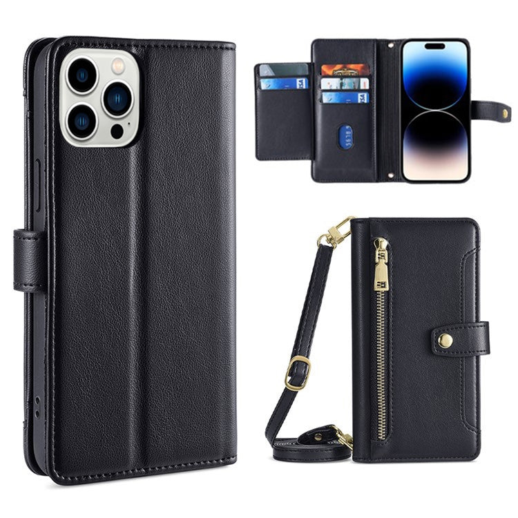 Custodia per telefono in pelle con portafoglio con cerniera a tracolla, For iPhone 14, For iPhone 14 Plus, For iPhone 14 Pro, For iPhone 14 Pro Max