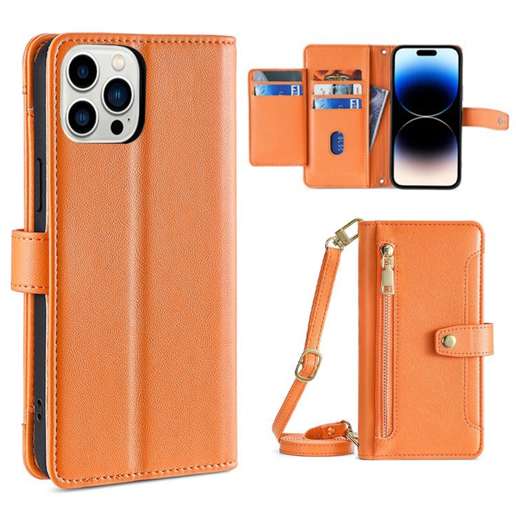 Custodia per telefono in pelle con portafoglio con cerniera a tracolla, For iPhone 14, For iPhone 14 Plus, For iPhone 14 Pro, For iPhone 14 Pro Max