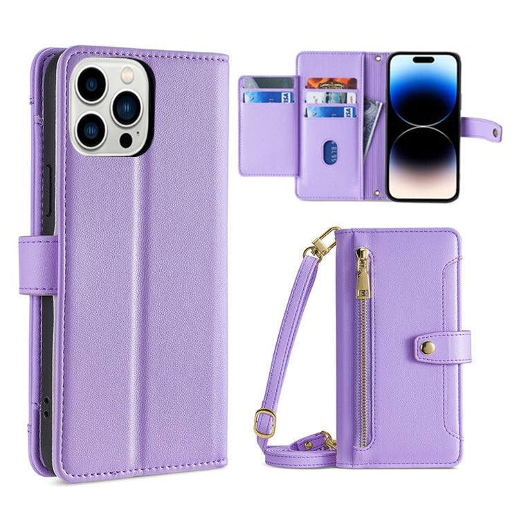 Custodia per telefono in pelle con portafoglio con cerniera a tracolla, For iPhone 14, For iPhone 14 Plus, For iPhone 14 Pro, For iPhone 14 Pro Max