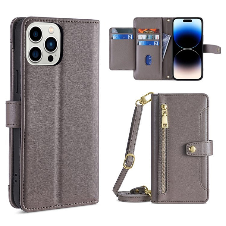 Custodia per telefono in pelle con portafoglio con cerniera a tracolla, For iPhone 14, For iPhone 14 Plus, For iPhone 14 Pro, For iPhone 14 Pro Max