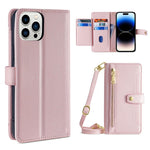 Custodia per telefono in pelle con portafoglio con cerniera a tracolla, For iPhone 14, For iPhone 14 Plus, For iPhone 14 Pro, For iPhone 14 Pro Max