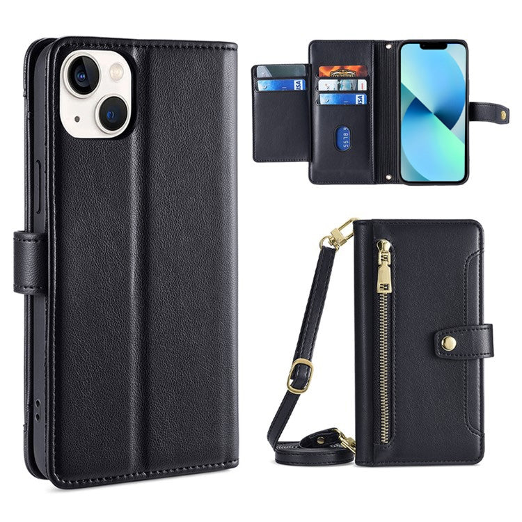 Custodia per telefono in pelle con portafoglio con cerniera a tracolla, For iPhone 13 mini, For iPhone 13, For iPhone 13 Pro, For iPhone 13 Pro Max