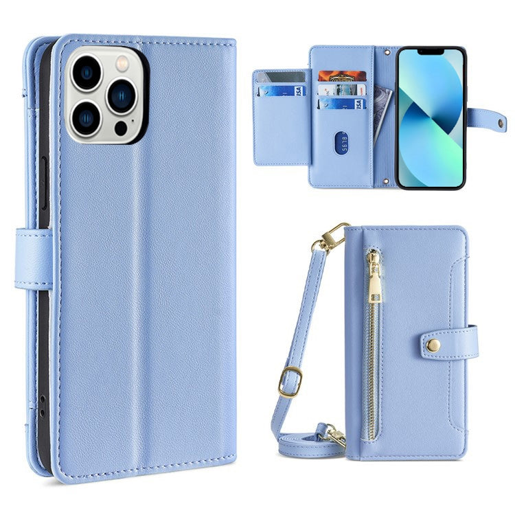 Custodia per telefono in pelle con portafoglio con cerniera a tracolla, For iPhone 13 mini, For iPhone 13, For iPhone 13 Pro, For iPhone 13 Pro Max