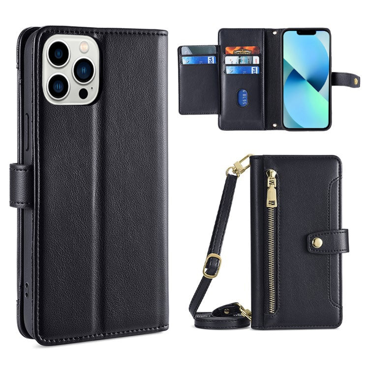 Custodia per telefono in pelle con portafoglio con cerniera a tracolla, For iPhone 13 mini, For iPhone 13, For iPhone 13 Pro, For iPhone 13 Pro Max