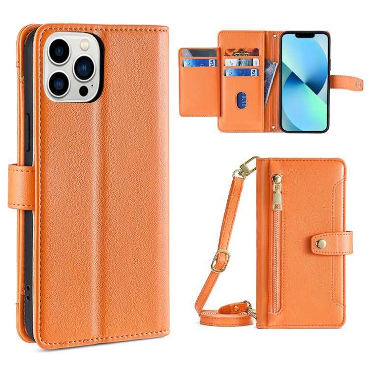 Custodia per telefono in pelle con portafoglio con cerniera a tracolla, For iPhone 13 mini, For iPhone 13, For iPhone 13 Pro, For iPhone 13 Pro Max