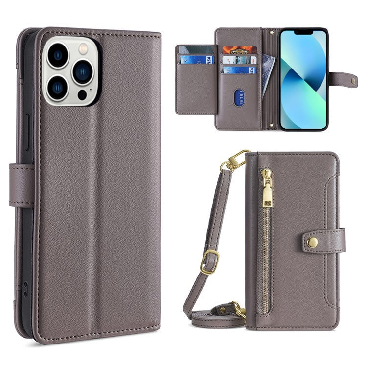 Custodia per telefono in pelle con portafoglio con cerniera a tracolla, For iPhone 13 mini, For iPhone 13, For iPhone 13 Pro, For iPhone 13 Pro Max