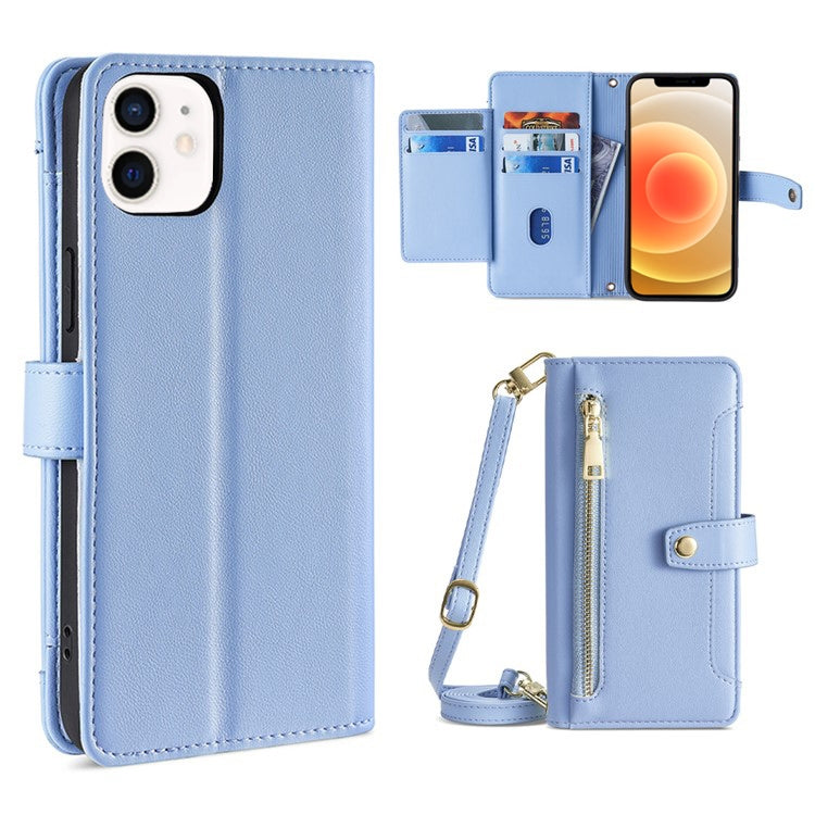 Custodia per telefono in pelle con portafoglio con cerniera a tracolla, For iPhone 12 mini, For iPhone 12 / 12 Pro, For iPhone 12 Pro Max