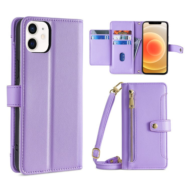 Custodia per telefono in pelle con portafoglio con cerniera a tracolla, For iPhone 12 mini, For iPhone 12 / 12 Pro, For iPhone 12 Pro Max