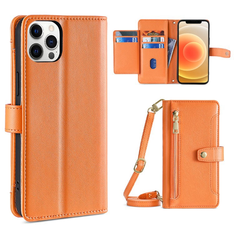 Custodia per telefono in pelle con portafoglio con cerniera a tracolla, For iPhone 12 mini, For iPhone 12 / 12 Pro, For iPhone 12 Pro Max