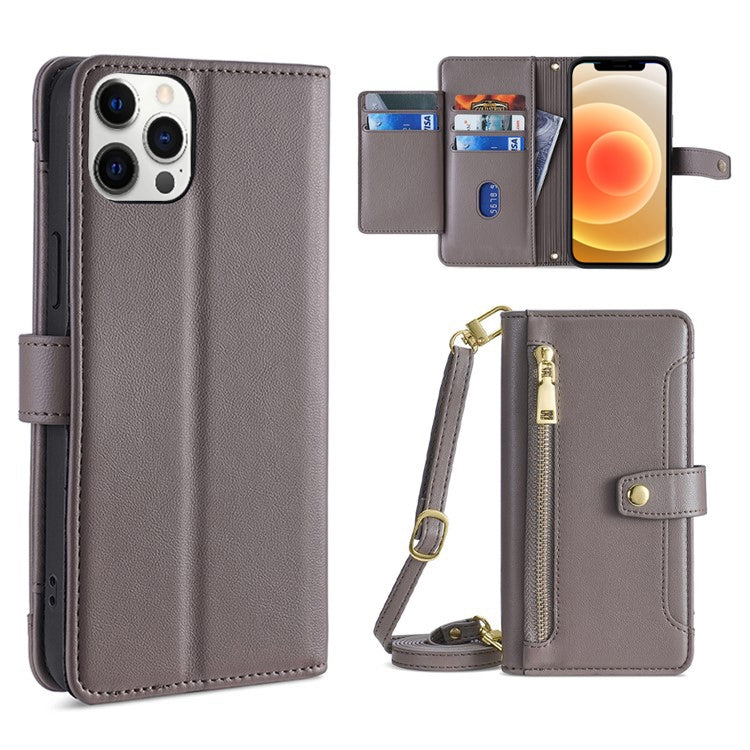 Custodia per telefono in pelle con portafoglio con cerniera a tracolla, For iPhone 12 mini, For iPhone 12 / 12 Pro, For iPhone 12 Pro Max