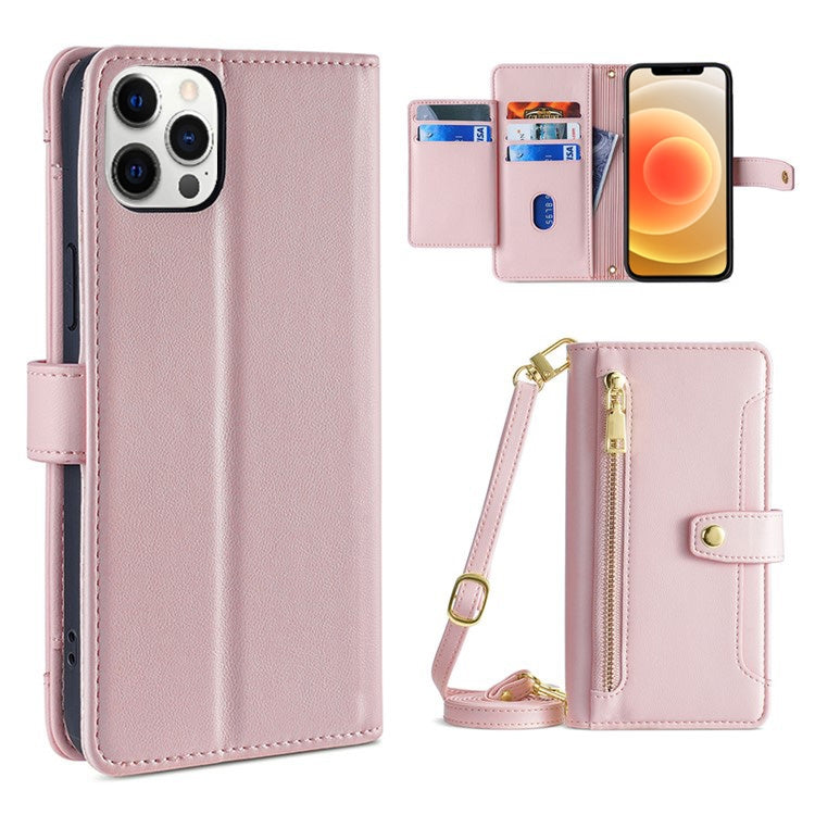 Custodia per telefono in pelle con portafoglio con cerniera a tracolla, For iPhone 12 mini, For iPhone 12 / 12 Pro, For iPhone 12 Pro Max