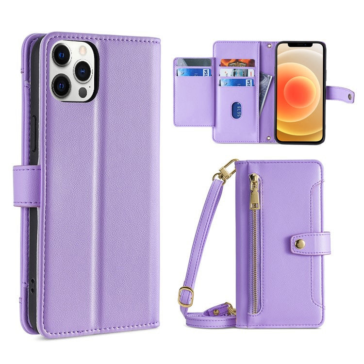 Custodia per telefono in pelle con portafoglio con cerniera a tracolla, For iPhone 12 mini, For iPhone 12 / 12 Pro, For iPhone 12 Pro Max