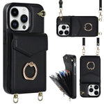 Custodia per telefono con slot per schede RFID con anello e cordino lungo, For iPhone 14, For iPhone 14 Plus, For iPhone 14 Pro, For iPhone 14 Pro Max