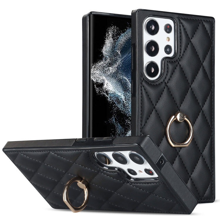 Custodia per telefono in pelle PU romboidale con supporto per anello, For Samsung Galaxy S23 5G, For Samsung Galaxy S23+ 5G, For Samsung Galaxy S23 Ultra 5G
