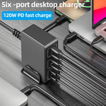 Caricabatterie rapido da tavolo 818H 120W Type-C + USB 6 porte, US Plug, UK Plug, EU Plug, AU Plug