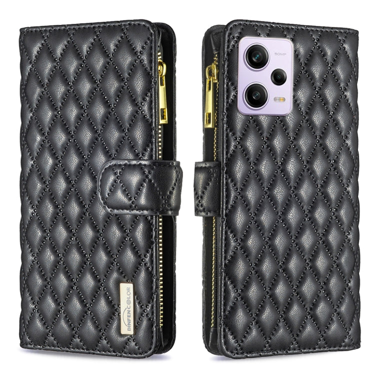 Custodia per telefono a conchiglia in pelle con portafoglio con cerniera Diamond Lattice, For Xiaomi Redmi Note 12 Pro 5G Global, For Xiaomi Redmi Note 12 Global
