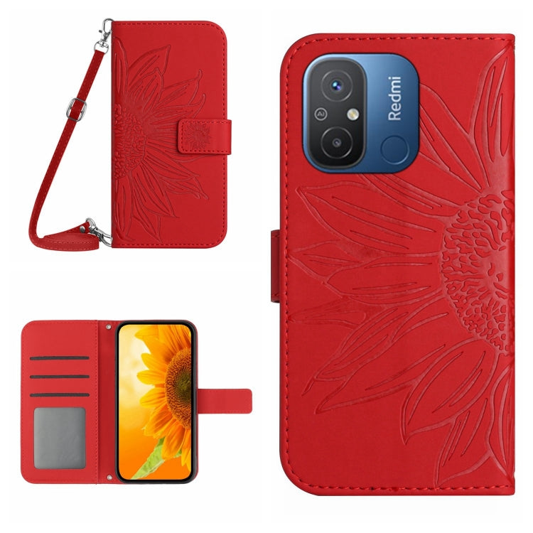 HT04 Skin Feel Sun Flower Custodia in pelle con flip in rilievo con cordino, For Xiaomi Redmi 11A 4G
