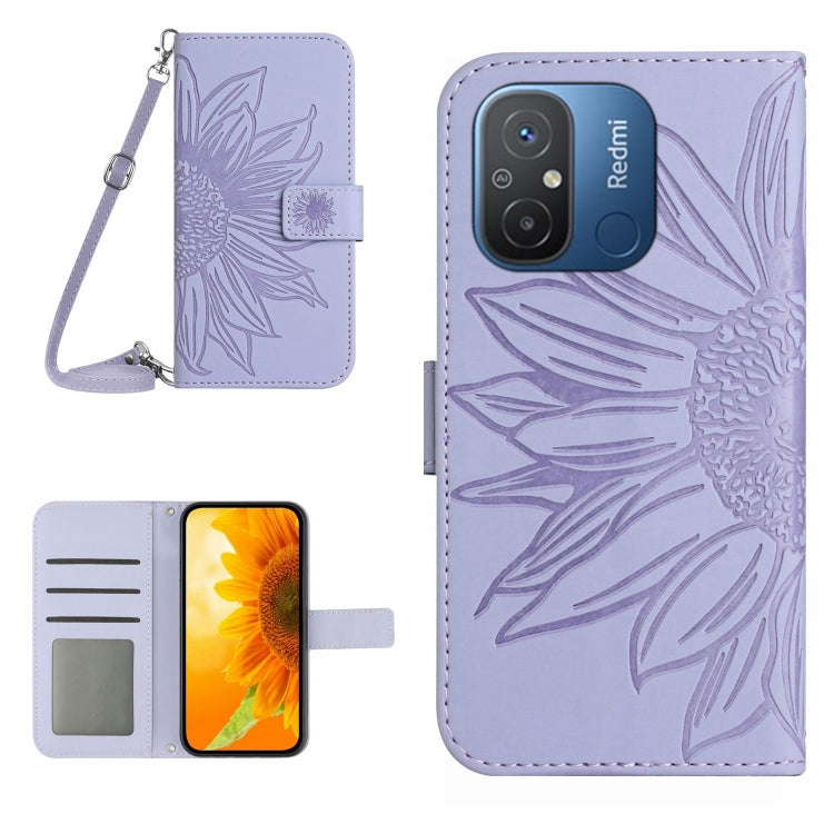 HT04 Skin Feel Sun Flower Custodia in pelle con flip in rilievo con cordino, For Xiaomi Redmi 11A 4G