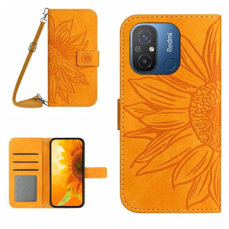 HT04 Skin Feel Sun Flower Custodia in pelle con flip in rilievo con cordino, For Xiaomi Redmi 11A 4G