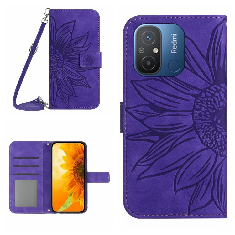 HT04 Skin Feel Sun Flower Custodia in pelle con flip in rilievo con cordino, For Xiaomi Redmi 11A 4G