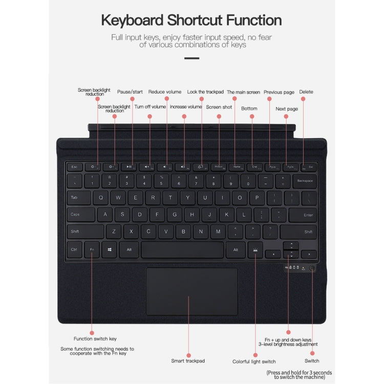 Custodia in pelle con tastiera Bluetooth magnetica con retroilluminazione, For Microsoft Surface Go1 / 2 / 3, For Microsoft Surface Pro 3 / 4 / 5 / 6 / 7 / 7+, For Microsoft Surface Pro 8 / 9 / X