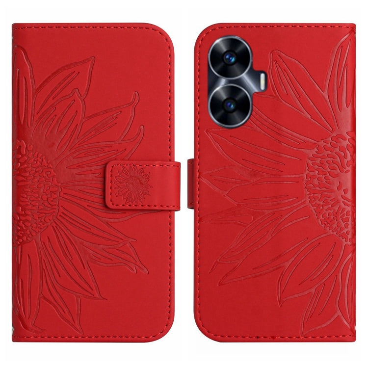 Skin Feel Custodia per telefono in pelle con flip in rilievo Sun Flower con cordino, For Realme C55, For Xiaomi Redmi Note 12 4G Global