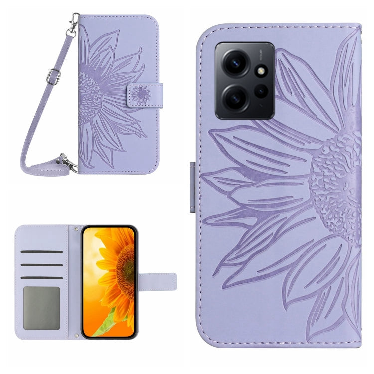 Skin Feel Custodia per telefono in pelle con flip in rilievo Sun Flower con cordino, For Realme C55, For Xiaomi Redmi Note 12 4G Global