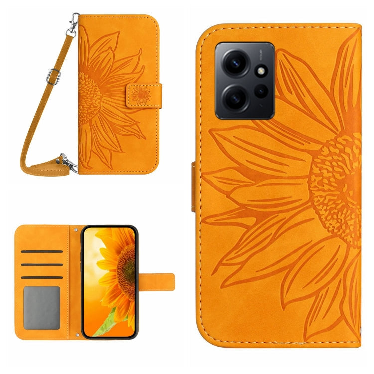 Skin Feel Custodia per telefono in pelle con flip in rilievo Sun Flower con cordino, For Realme C55, For Xiaomi Redmi Note 12 4G Global