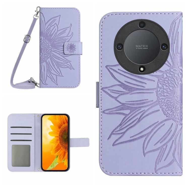 Skin Feel Custodia per telefono in pelle con flip in rilievo Sun Flower con cordino, For Honor X9a 5G / Magic5 Lite, For Honor X5 4G