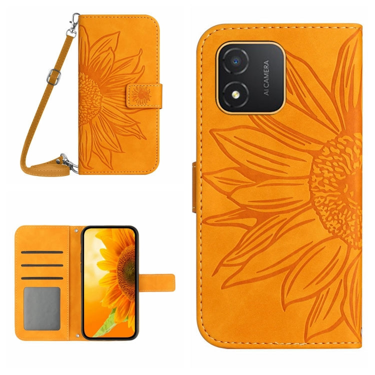 Skin Feel Custodia per telefono in pelle con flip in rilievo Sun Flower con cordino, For Honor X9a 5G / Magic5 Lite, For Honor X5 4G
