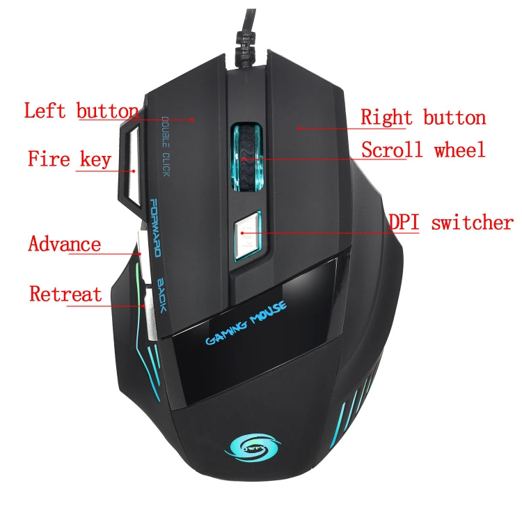 HXSJ A868 Mouse cablato luminoso colorato a 7 tasti con pulsante di fuoco, A868
