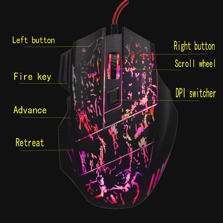 HXSJ A874 Mouse da gioco cablato luminoso colorato a 7 tasti con acqua corrente, A874