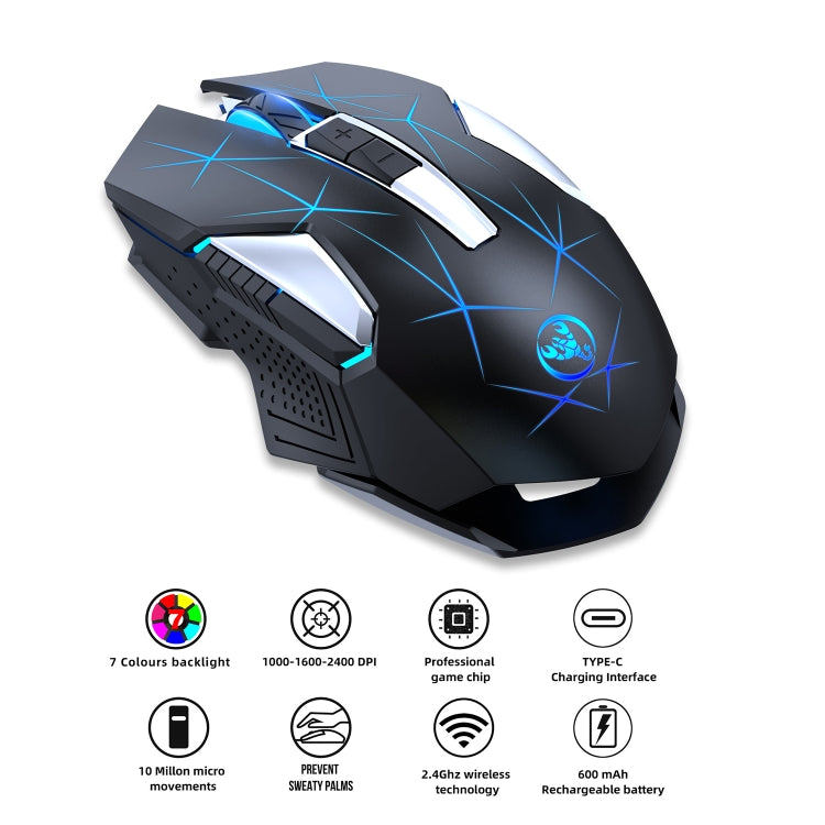 HXSJ T300 7 Tasti 2400DPI 2.4G Mouse wireless luminoso colorato, T300 Black, T300 White