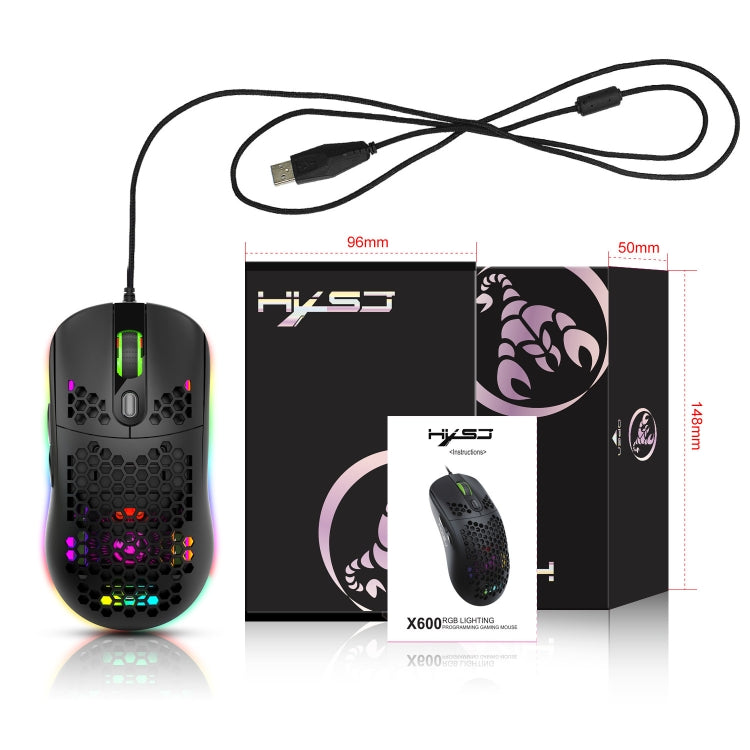 HXSJ X600 Mouse da gioco cablato con programmazione macro luminosa RGB a 6 tasti, X600