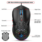 HXSJ X300 7200 DPI RGB Retroilluminazione Intercambiabile Cover posteriore Foro Gaming Wired Mouse, X300 Black, X300 White