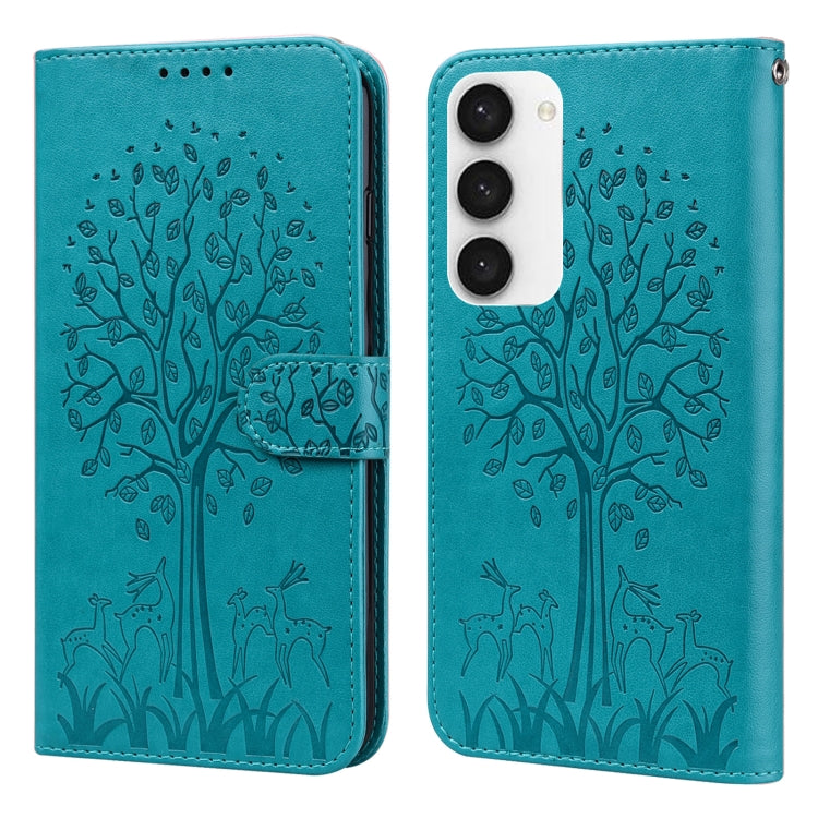 Custodia per telefono in pelle a vibrazione orizzontale con stampa pressata con motivo ad albero e cervo, For Samsung Galaxy S23 5G, For Samsung Galaxy S23+ 5G, For Samsung Galaxy S23 Ultra 5G, For Samsung Galaxy A14 5G