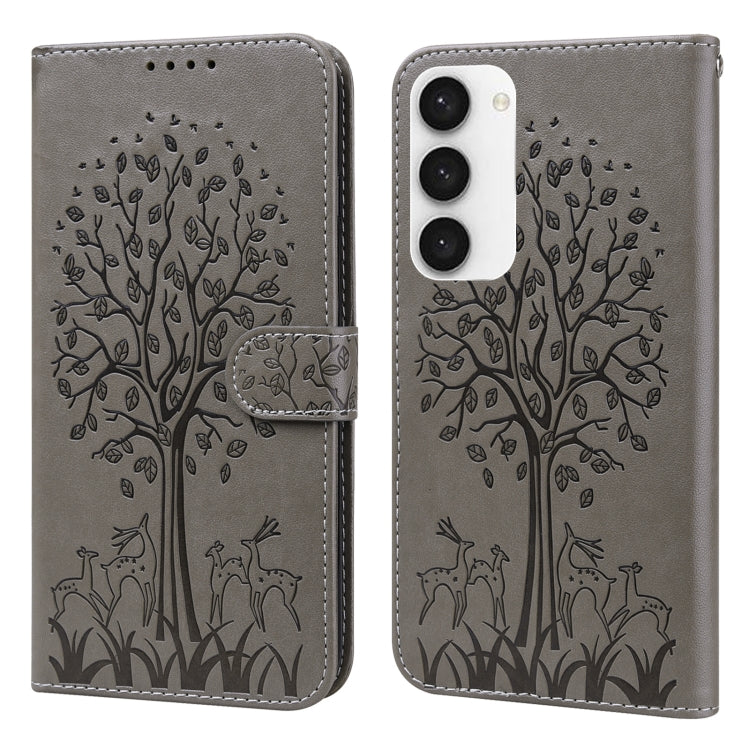Custodia per telefono in pelle a vibrazione orizzontale con stampa pressata con motivo ad albero e cervo, For Samsung Galaxy S23 5G, For Samsung Galaxy S23+ 5G, For Samsung Galaxy S23 Ultra 5G, For Samsung Galaxy A14 5G