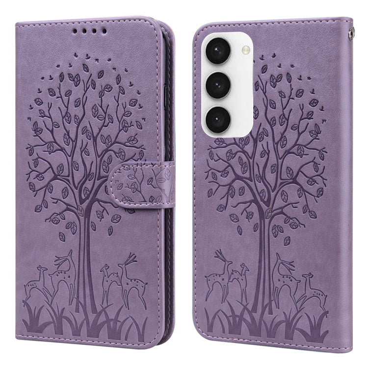 Custodia per telefono in pelle a vibrazione orizzontale con stampa pressata con motivo ad albero e cervo, For Samsung Galaxy S23 5G, For Samsung Galaxy S23+ 5G, For Samsung Galaxy S23 Ultra 5G, For Samsung Galaxy A14 5G