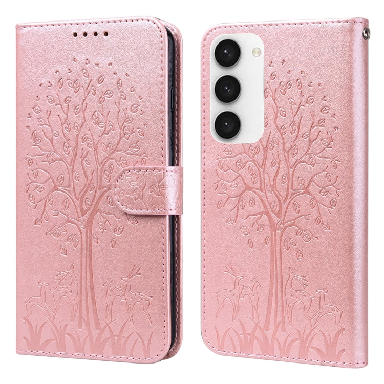 Custodia per telefono in pelle a vibrazione orizzontale con stampa pressata con motivo ad albero e cervo, For Samsung Galaxy S23 5G, For Samsung Galaxy S23+ 5G, For Samsung Galaxy S23 Ultra 5G, For Samsung Galaxy A14 5G