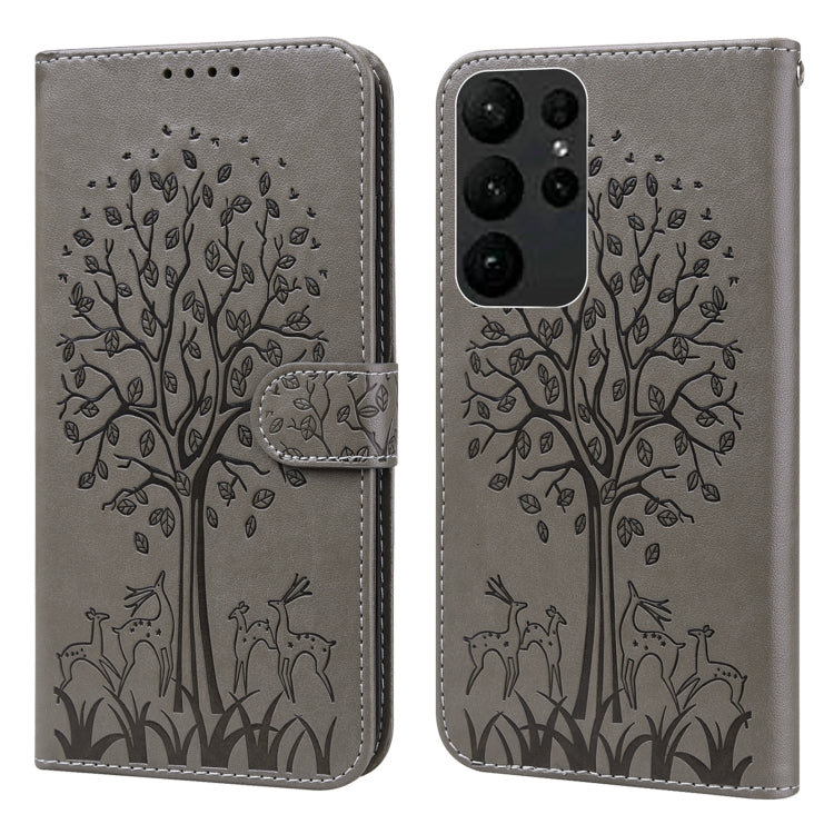 Custodia per telefono in pelle a vibrazione orizzontale con stampa pressata con motivo ad albero e cervo, For Samsung Galaxy S23 5G, For Samsung Galaxy S23+ 5G, For Samsung Galaxy S23 Ultra 5G, For Samsung Galaxy A14 5G