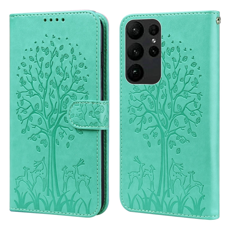 Custodia per telefono in pelle a vibrazione orizzontale con stampa pressata con motivo ad albero e cervo, For Samsung Galaxy S23 5G, For Samsung Galaxy S23+ 5G, For Samsung Galaxy S23 Ultra 5G, For Samsung Galaxy A14 5G