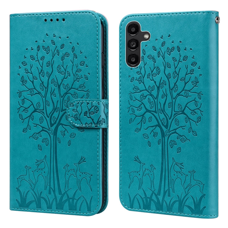 Custodia per telefono in pelle a vibrazione orizzontale con stampa pressata con motivo ad albero e cervo, For Samsung Galaxy S23 5G, For Samsung Galaxy S23+ 5G, For Samsung Galaxy S23 Ultra 5G, For Samsung Galaxy A14 5G