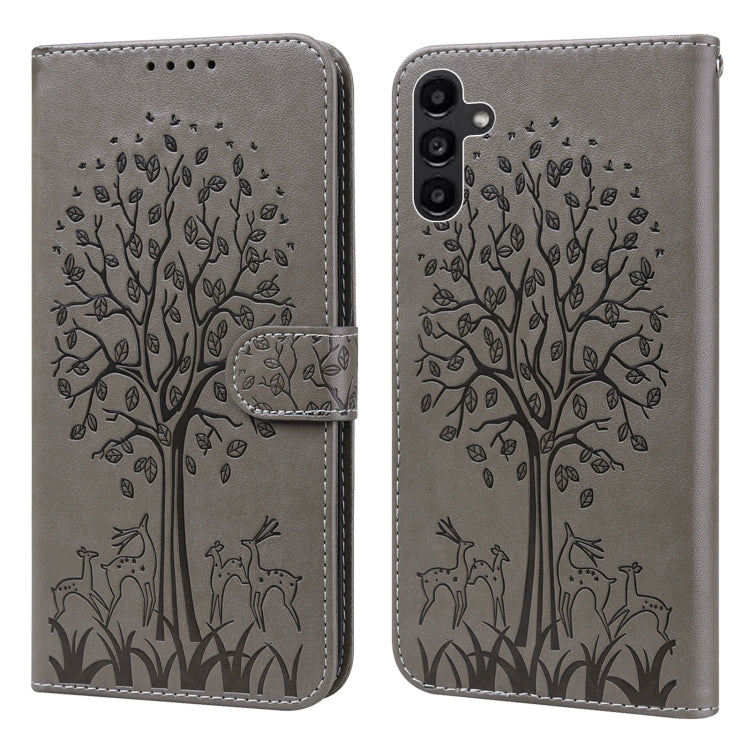 Custodia per telefono in pelle a vibrazione orizzontale con stampa pressata con motivo ad albero e cervo, For Samsung Galaxy S23 5G, For Samsung Galaxy S23+ 5G, For Samsung Galaxy S23 Ultra 5G, For Samsung Galaxy A14 5G