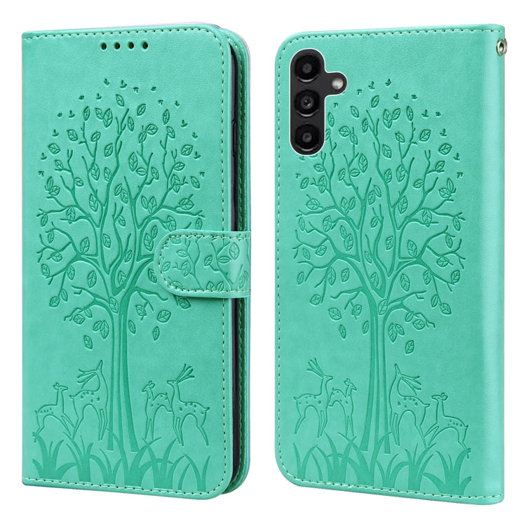 Custodia per telefono in pelle a vibrazione orizzontale con stampa pressata con motivo ad albero e cervo, For Samsung Galaxy S23 5G, For Samsung Galaxy S23+ 5G, For Samsung Galaxy S23 Ultra 5G, For Samsung Galaxy A14 5G